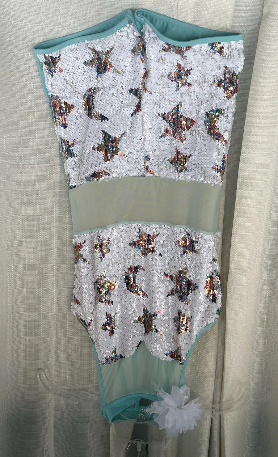 Alexandra Costumes Sequin Star and Moon Print Dance Leotard with Mesh Midriff White