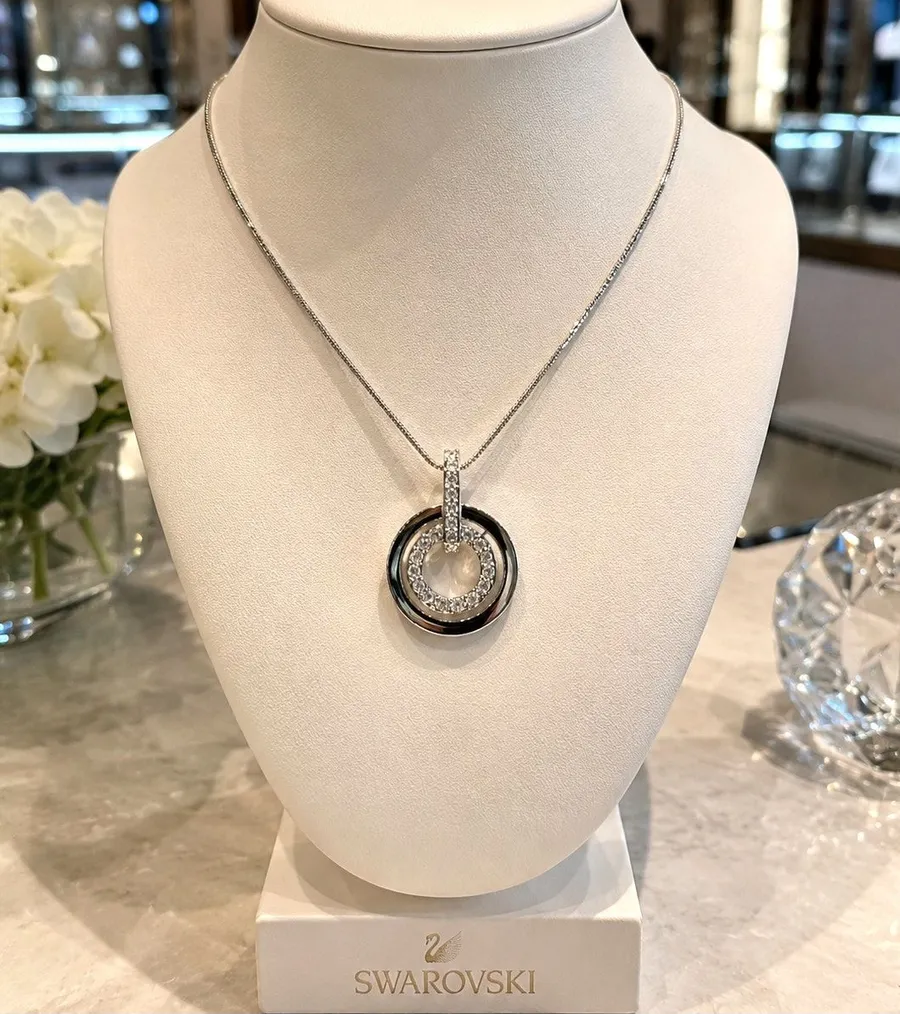 Swarovski Silver Crystal Concentric Circles Pendant Snake Chain Necklace 14"
