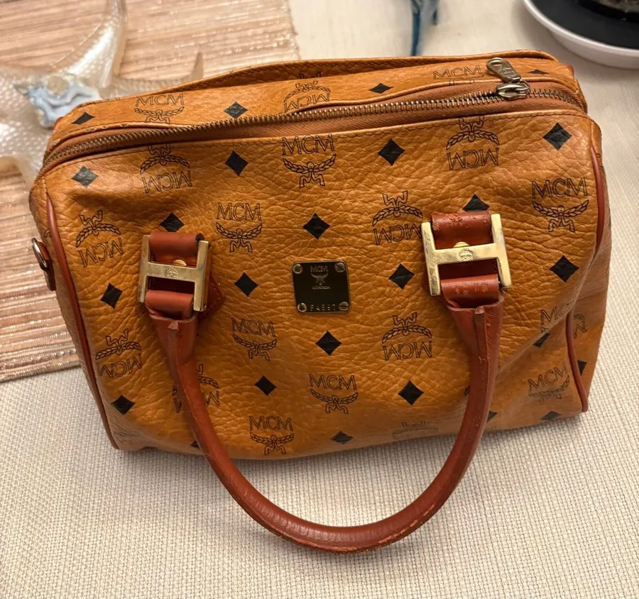 MCM Cognac Visetos Monogram Satchel with Gold Hardware