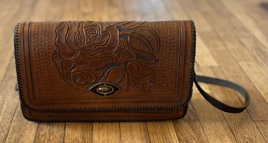 Vintage Hand Tooled Leather Crossbody Bag Floral Western Cowgirl Brown