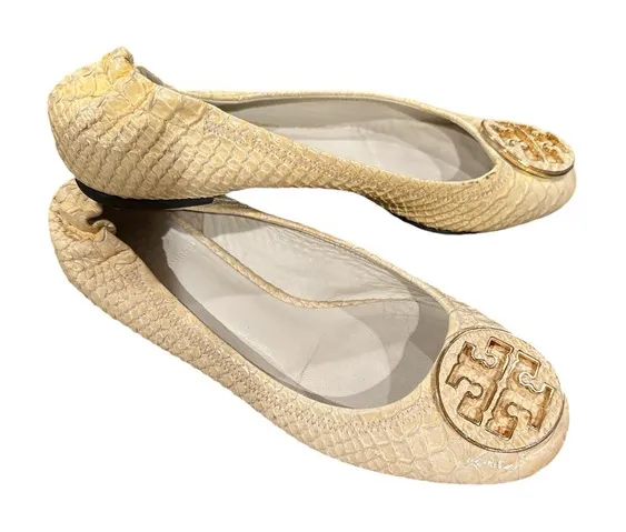 TORY BURCH Beige Cream Snake Print Ballet Flats Slipon Round Toe Gold Shoes 6.5