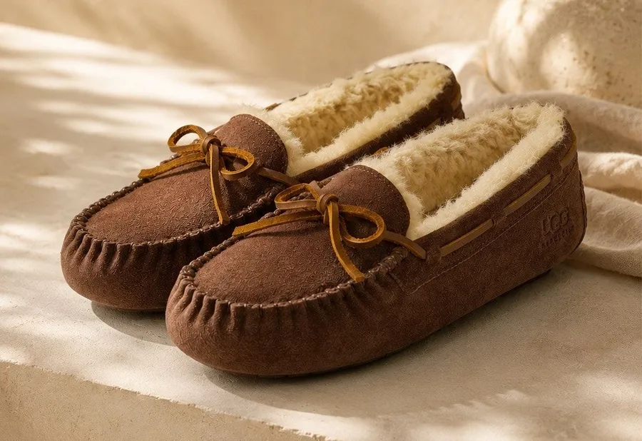 UGG Womens Shearling Lined Chocolate Brown Suede Moccasin Slippers Size 6