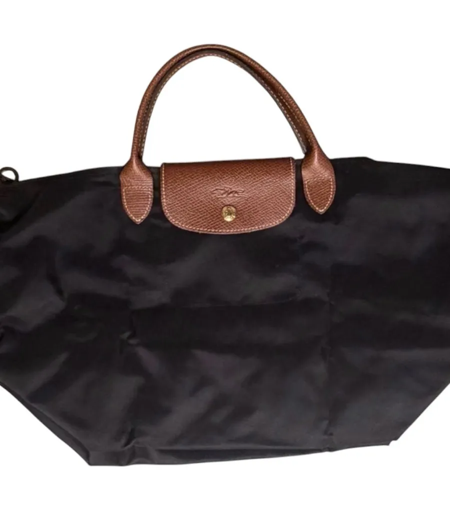 Longchamp Black Nylon Tote with Brown Leather Trim