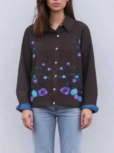 Vintage Embroidered Jean Jacket with Floral Design denim cottagecore teacher Size M