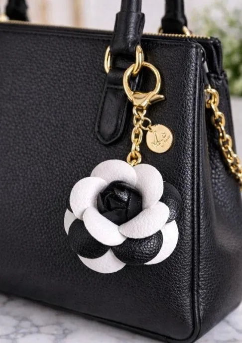 NEW Black and White Vegan Leather Camellia Rose Keychain Bag charm