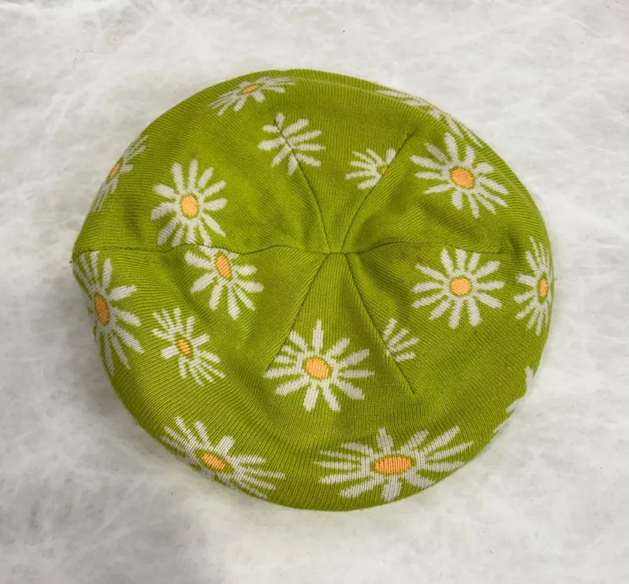Wild Fable Lime Green Daisy Floral Knit Beret Hat Fleece Lined One Size
