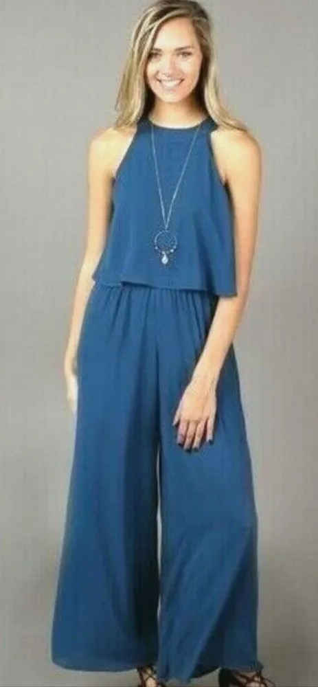 ALTAR'D STATE Jumpsuit Med Blue Wide Leg Halter Sleeveless One Piece High Neck