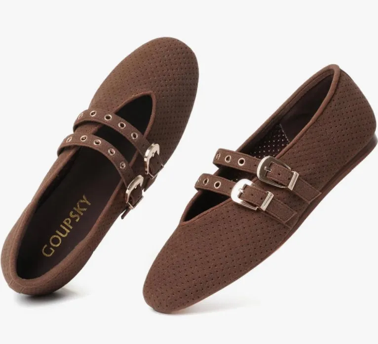 NEW Mary Jane Shoes Ballet Flats Adjustable Double Buckle Strap 9.5 Brown
