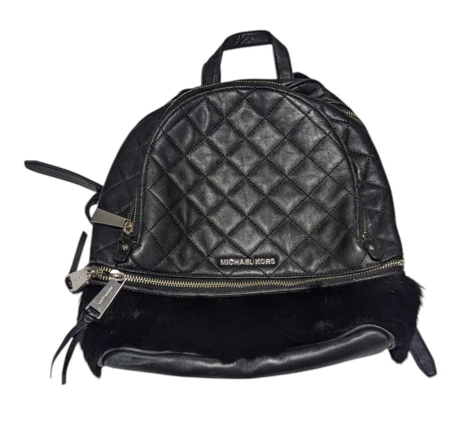Michael Kors Rhea Medium Quilted Leather Backpack Black Rabbit Fur Womens Glam
