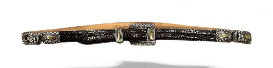BRIGHTON BROWN LEATHER CROC EMBOSSED Goldtone Silvertone Women's Belt L