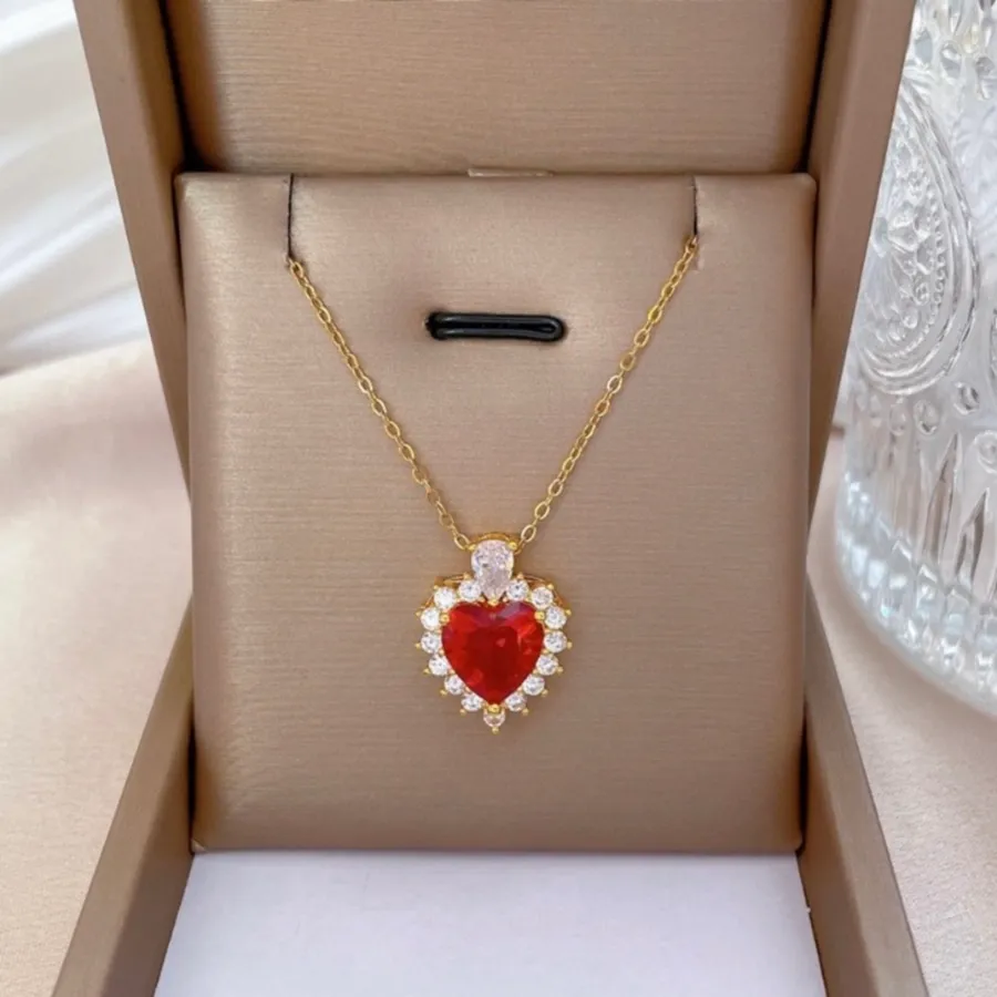 18K Gold Plated Birthstone Crystal Love Heart Ruby Pendant Necklace for Women