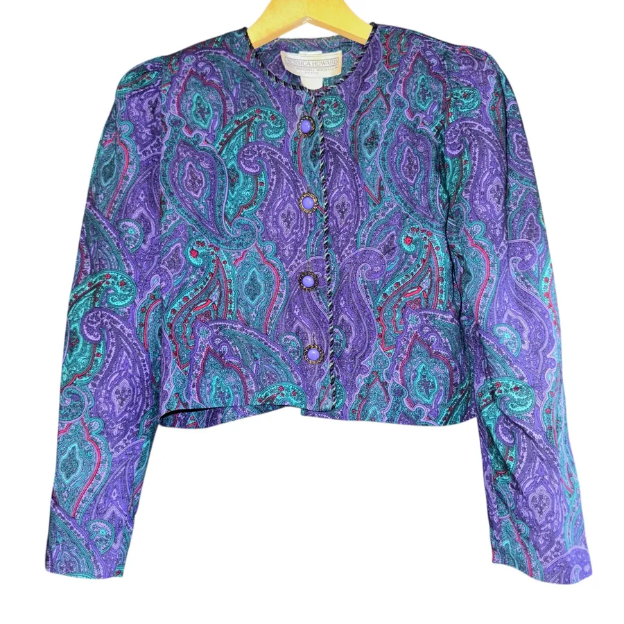 Vintage Jessica Howard Paisley Cropped Jacket Boho Y2K 90s Small Petite ~Flaw