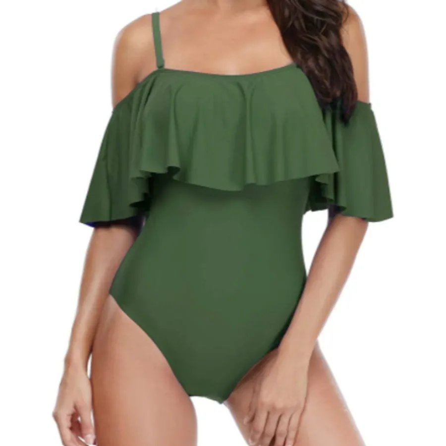 NWT Tempt Me Small One piece swimsuit Cold shoulder ruffle Green Swim Womens