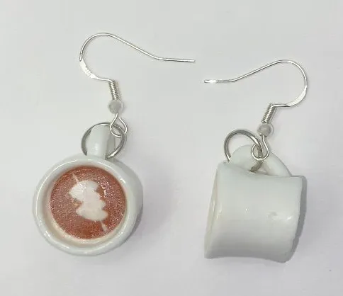 White Coffee Mug Earrings Barista Art Design Heart