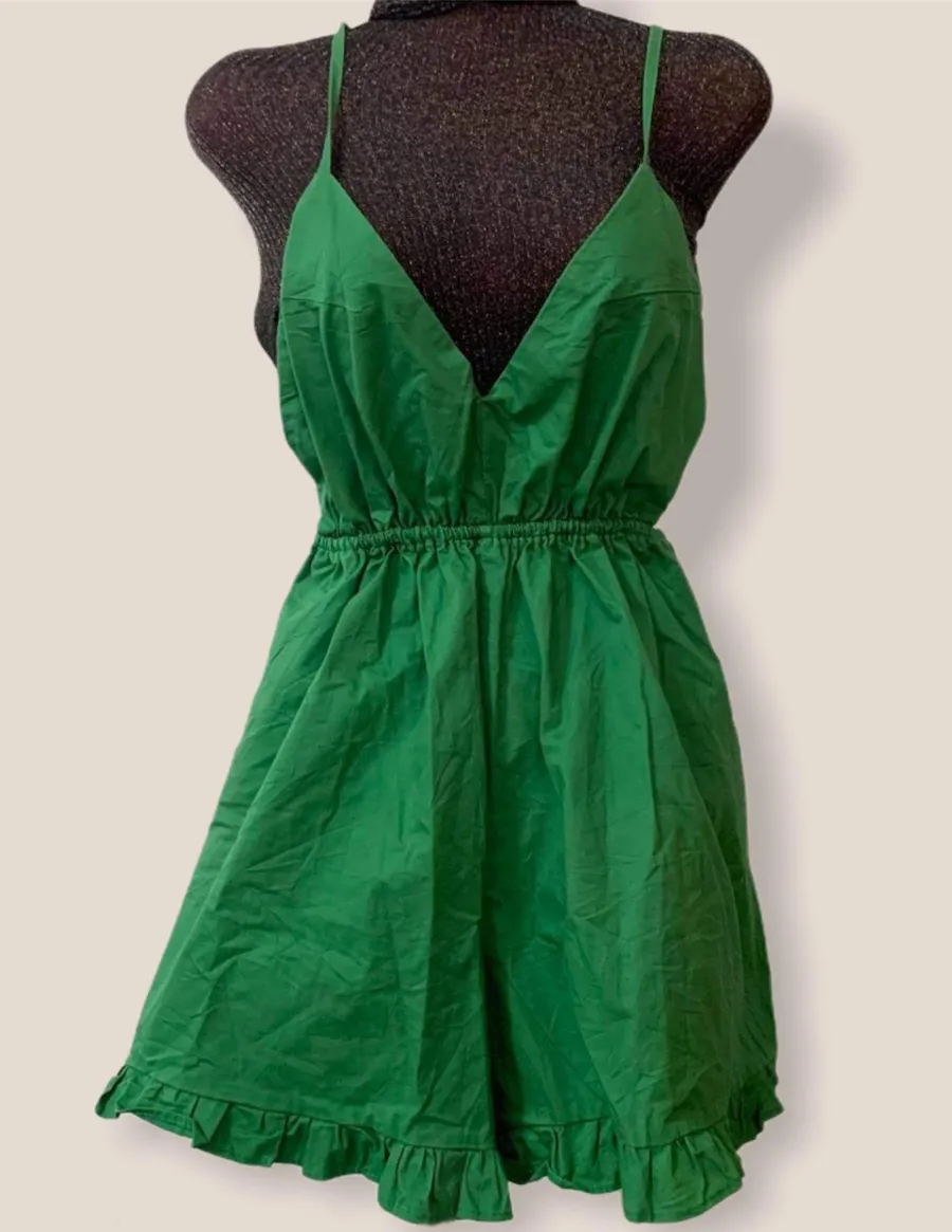 Ruffled Sleeveless Solid Romper Green