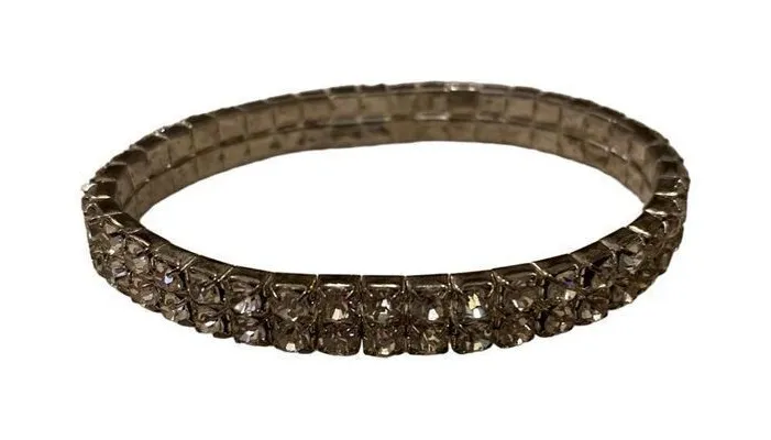 Rhinestone Stretch Cuff Bracelet Gemstones Silver Tone Bling Glam