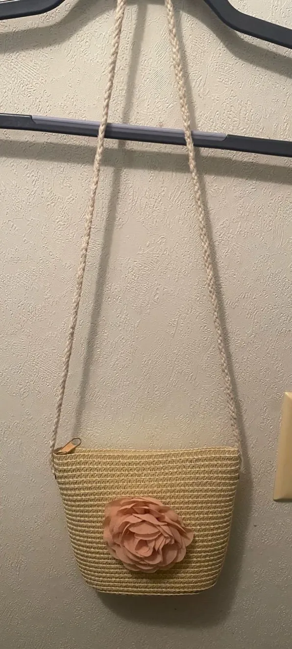 Woven Crossbody Bag with Pink Flower