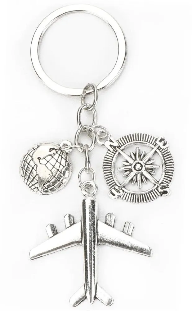 Airplane Aviation World Globe Travel Compass Charm Keyring Keychain Silver