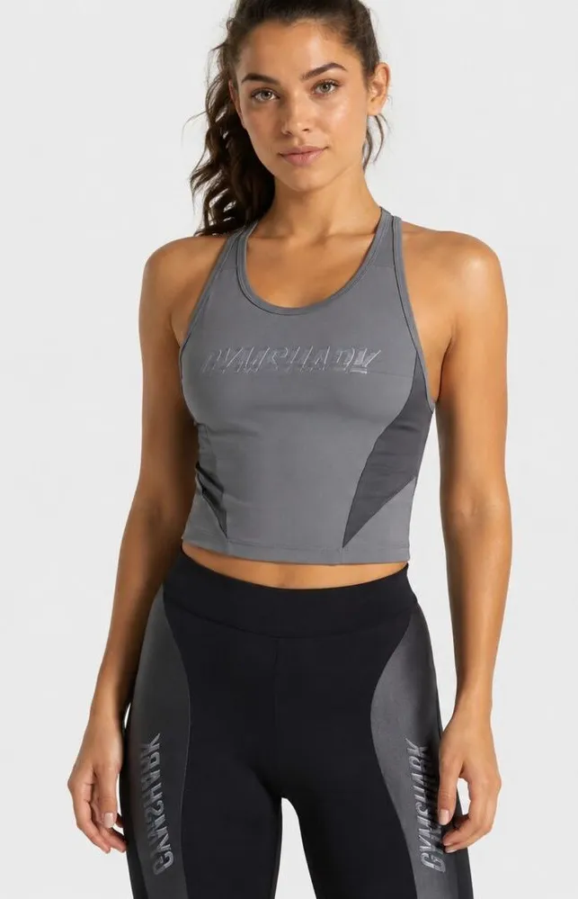 Gymshark Turbo Vest Crop Halter Top Womens Gray Black Performance Athletic READ