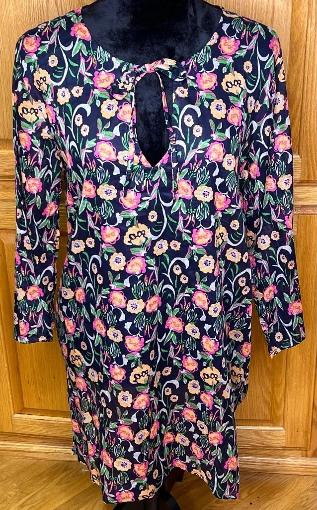 Flora by rockflowerpaper Cotton Beach Shirt Tunic Cover Up Navy Blue Size Small