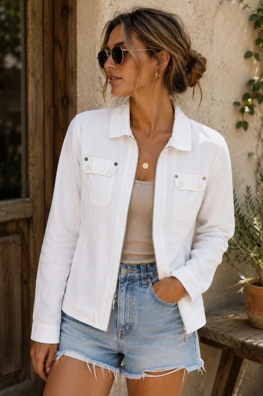 Style & Co 100% Linen White Utility Jacket Women’s Size Large Zip Front