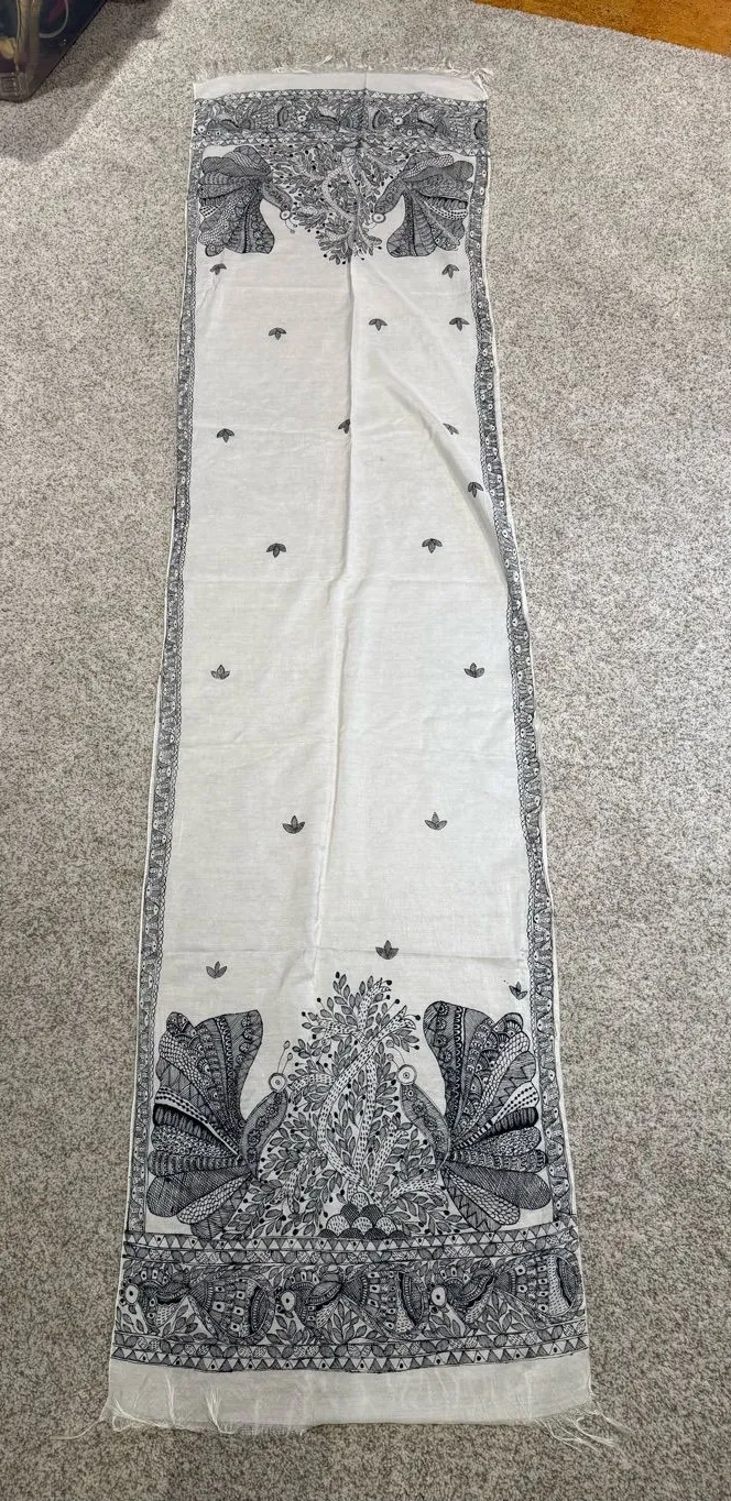 Fine Indian Kalamkari Peacock Floral Scarf Stole Dupatta White Black