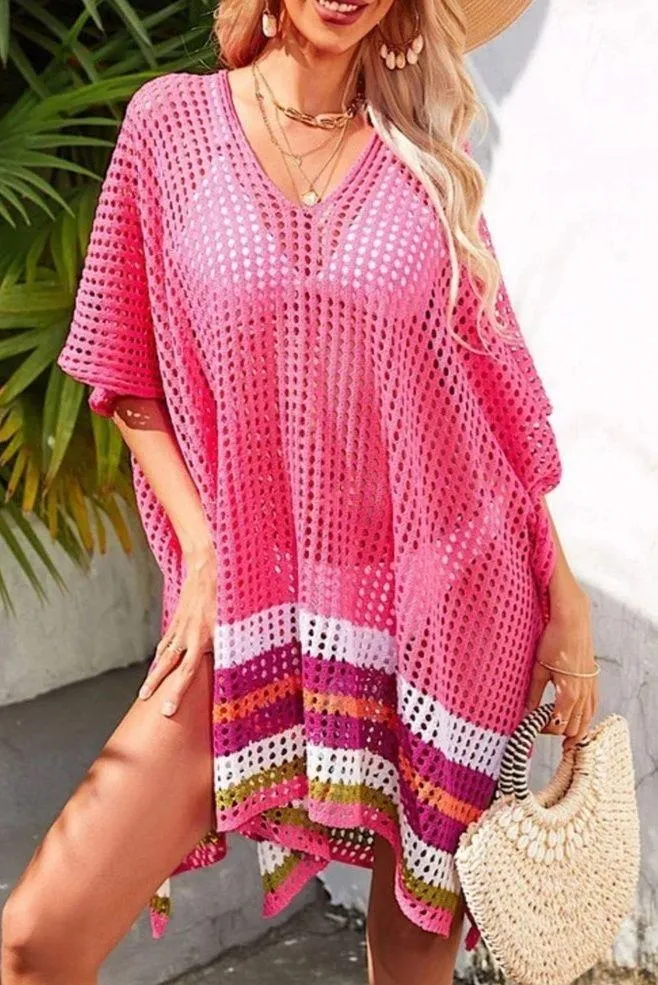 Moments Collection swimsuit cover knit net poncho pullover, sz M Pink Size M