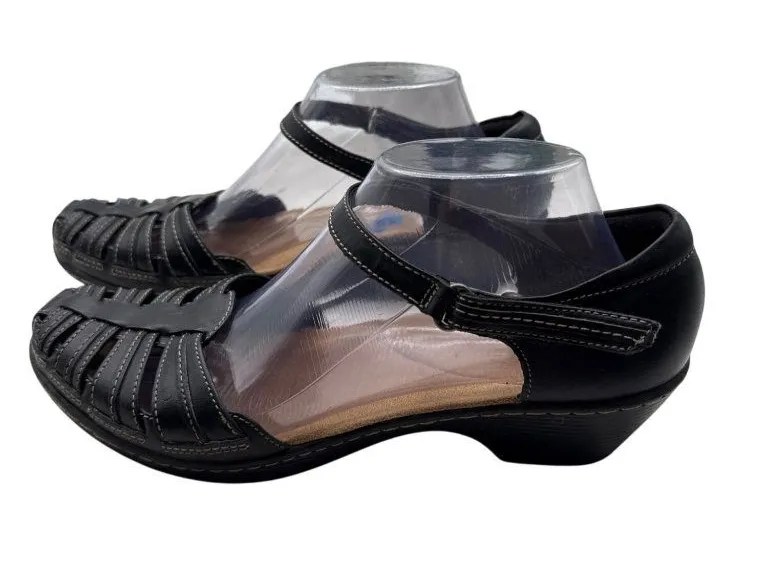 Womens Clarks Size 10 Leather Strappy Low Wedge Shoe Sandals Black