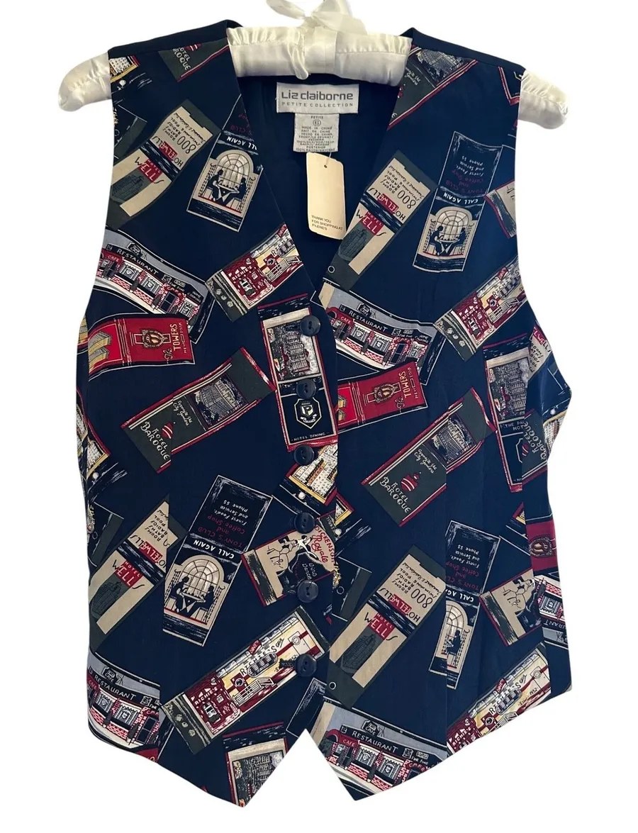 Liz Claiborne 100% Silk Vest Travel Match Book Tobacciana 6P New Deadstock Vtg