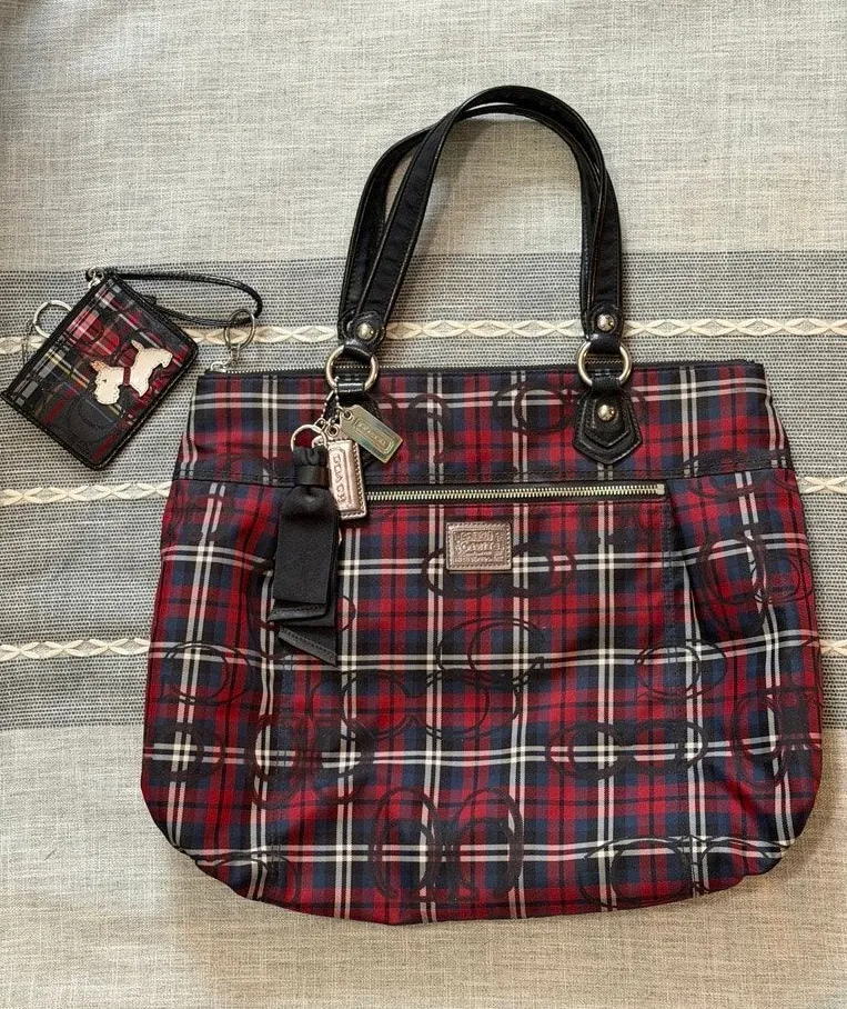 Vintage COACH Poppy Tartan Plaid Large Glam Tote Bag Y2K With Wallet EUC