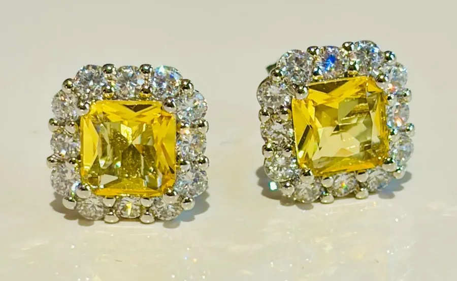 New Lady Princess Cut Yellow Zircon Halo Silver Tone Stud Earrings