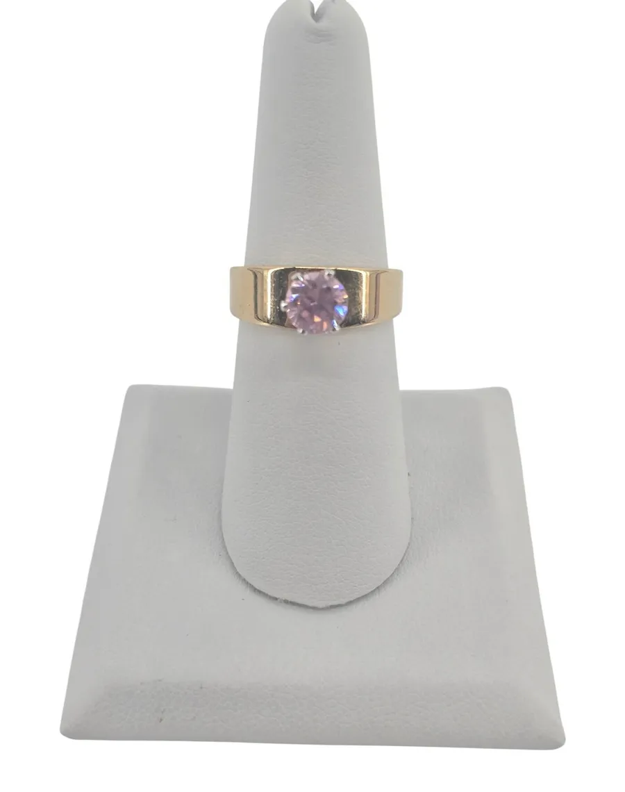 Ring Womens 7.25 Wide Band Pink Solitaire Gold Tone EUC