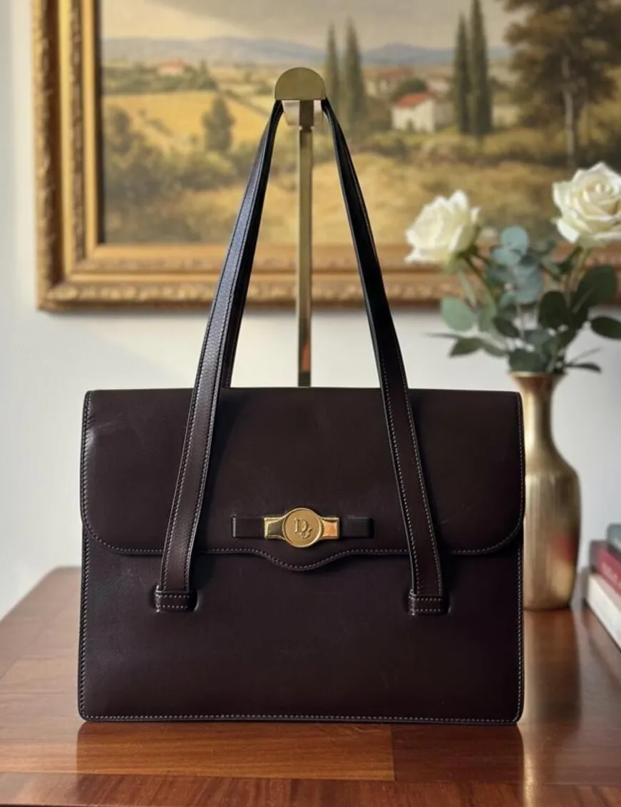 Christian Dior Brown Leather Tote with Gold-tone Hardware