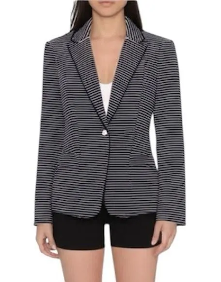 T TAHARI Blazer Size 14 Navy Striped Notched Lapel Jacket Pearl Buttons NEW