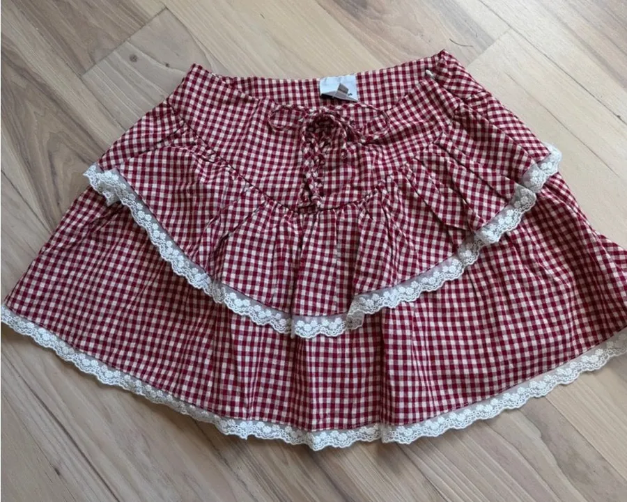 Red Gingham Lace-Trim Tiered Skirt - Women