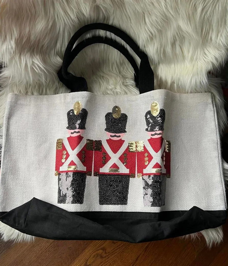 Canvas Tote Bag with Sequin Nutcracker Soldier Design White