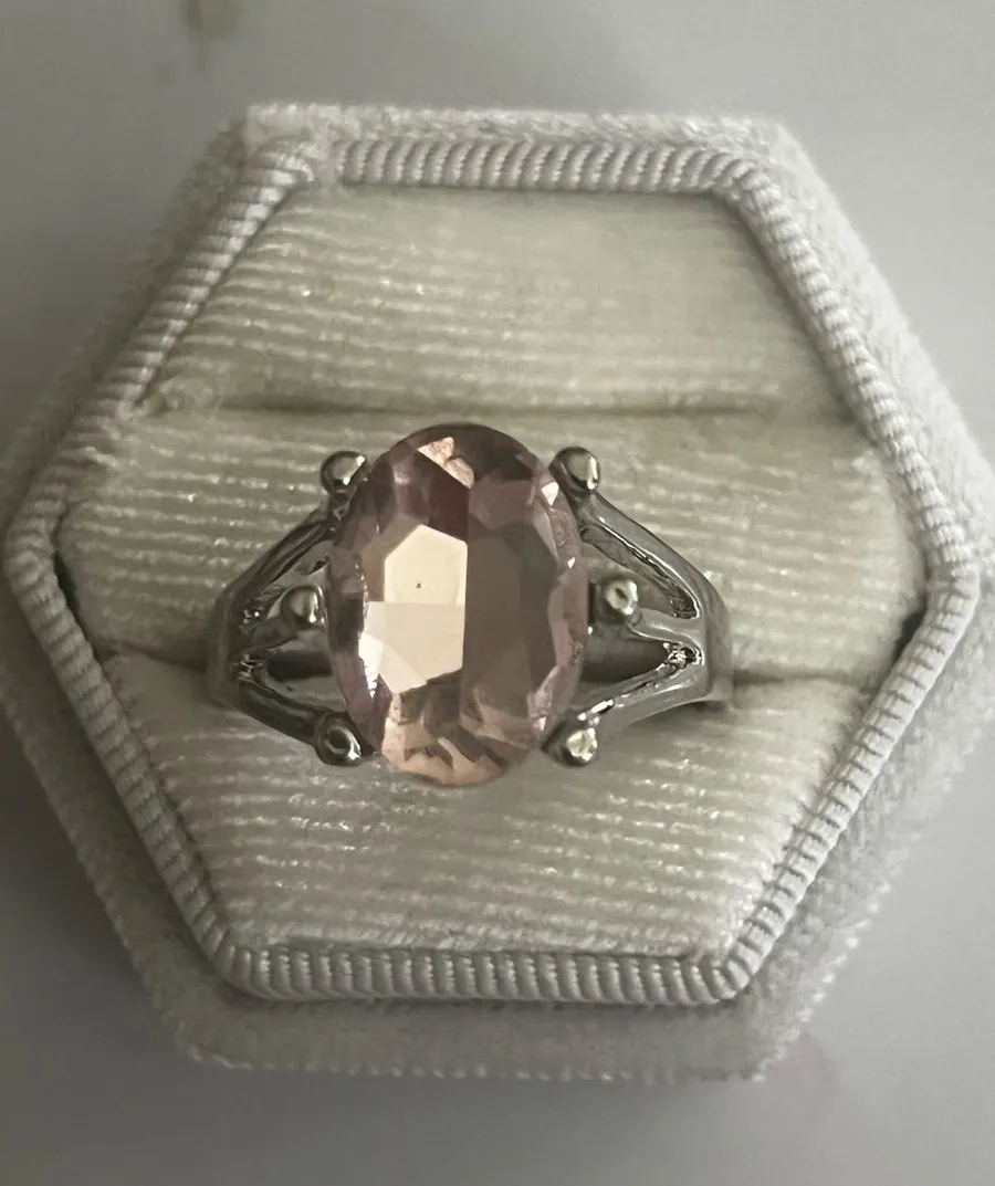 Delicate Pink Oval Gemstone Ring in Silver Setting Size 9