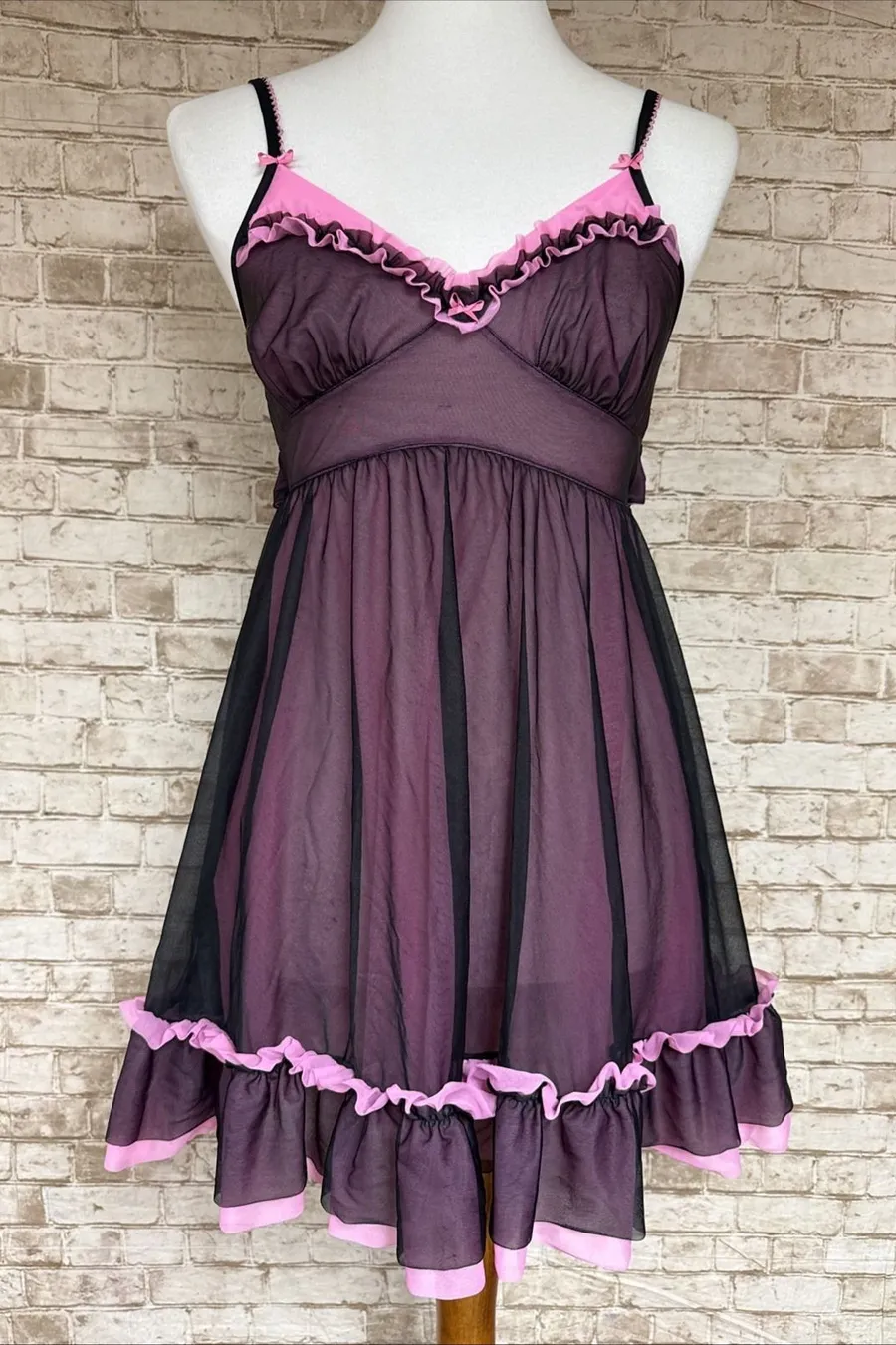 Betsey Johnson Intimates Babydoll Lingerie Chemise Sheer Black Pink Ruffle Small