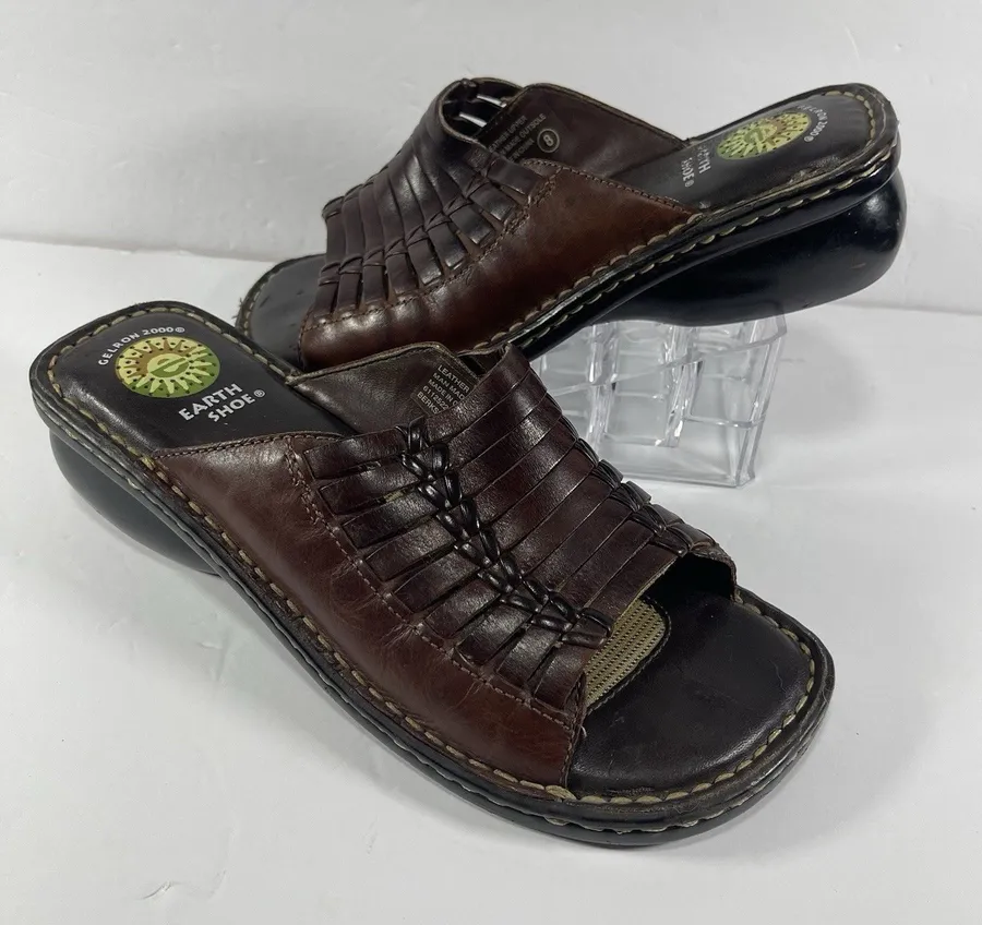 Earth Shoe Berkshire Brown Leather Woven Slides Sandals Women’s 8 Gelron 2000