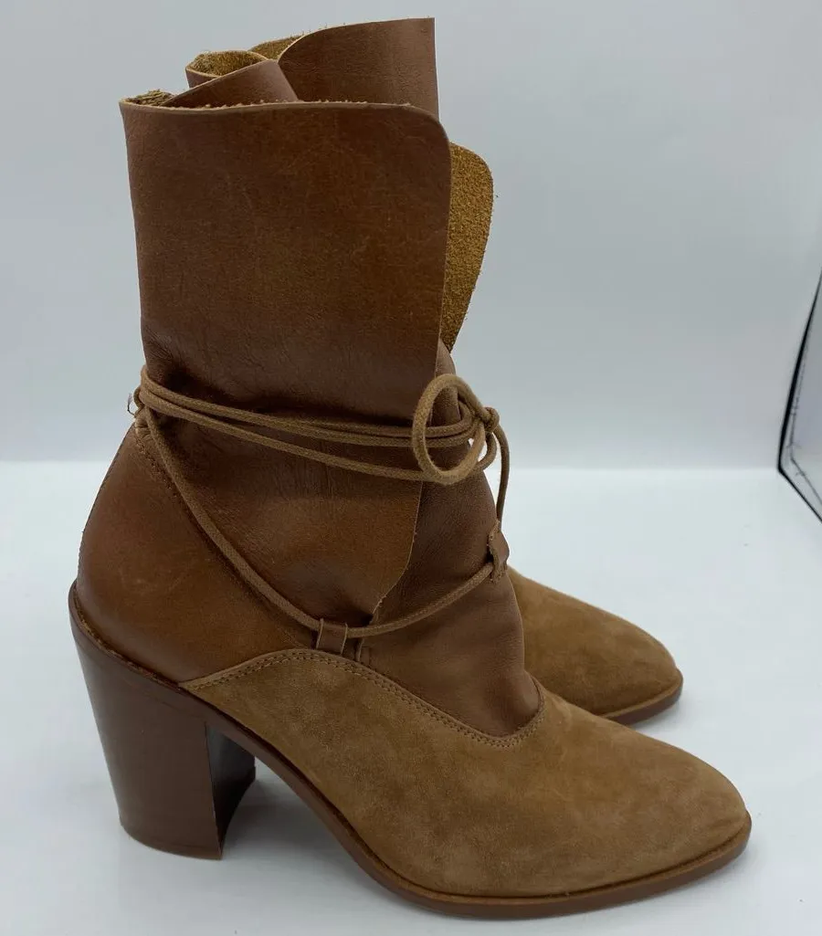 Intentionally Blank Pepper Leather Tie Boots size 37 7 tan brown suede