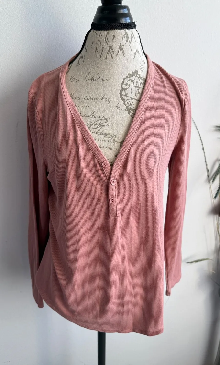 Athleta Wind Down Sleep Top Womens Large Rose Pink Waffle Knit Henley Pajama L