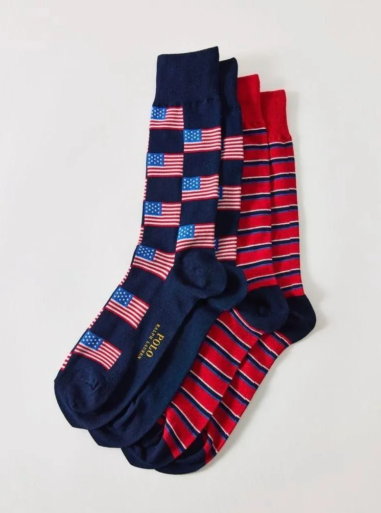 Polo Ralph Lauren Flag Allover Print Crew Sock 2-Pack NWT