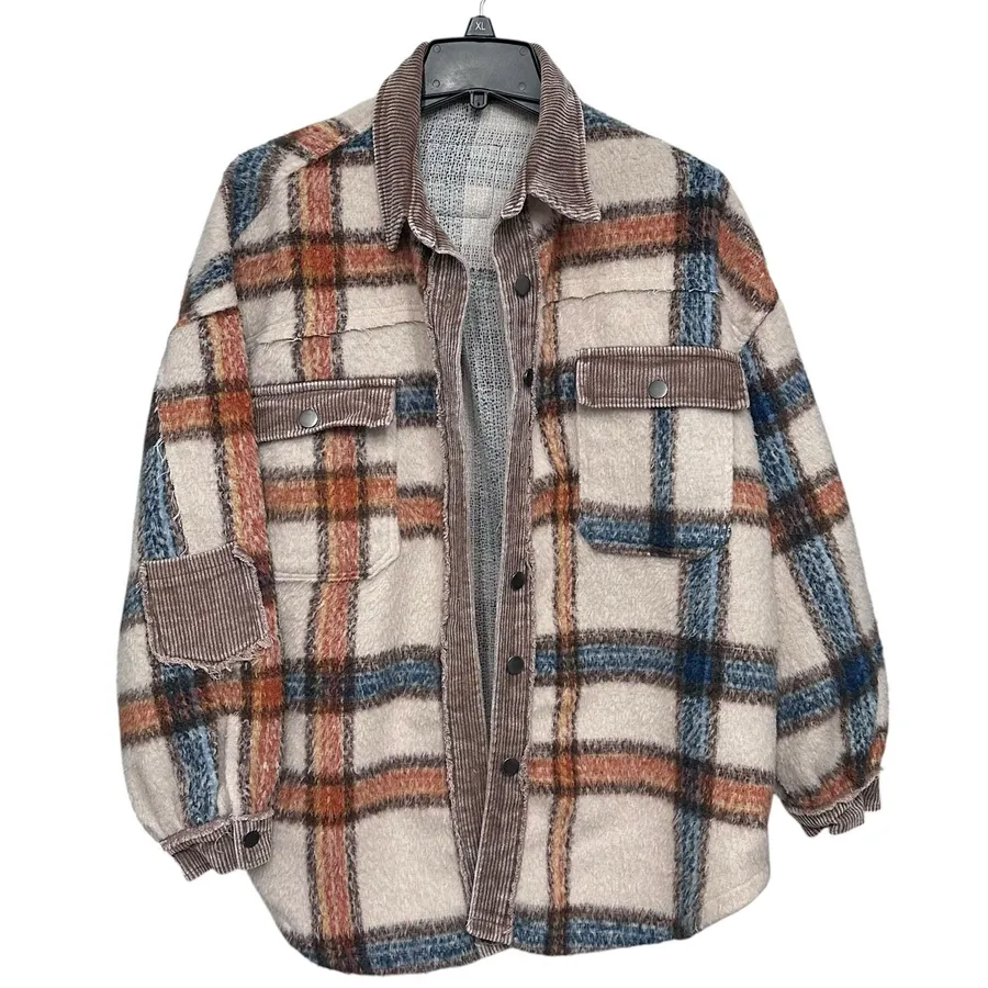 POL Plaid Shacket Jacket Corduroy Elbow Patch Oversized Fit Fuzzy Sz Small Shirt