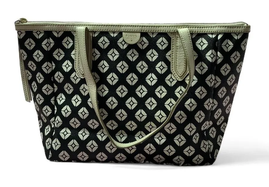 Fossil Tote Bag Black White Geometric Print Coated Canvas Purse Handbag