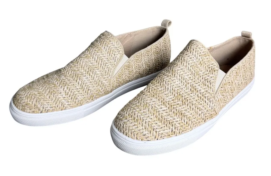 Women Slip On Sneakers 9 Beige Woven Raffia Grandma Coastal Flats Beachy Boho Tan