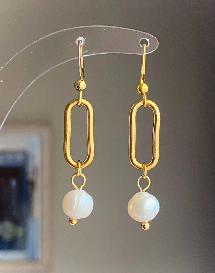 Handmade gold tone stainless steel natural shell pearls chic fairy boho vintage style dangle earrings💖