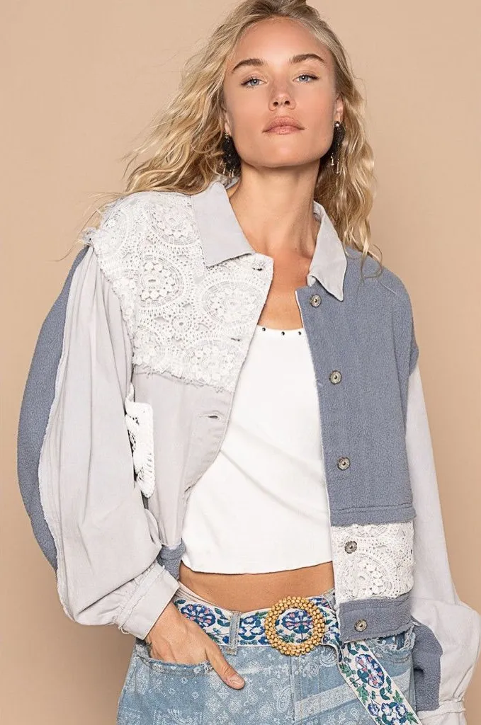 NEW POL Lace Teddy Fleece Patchwork Floral Boho Raw Seam Button-Up Collar Jacket