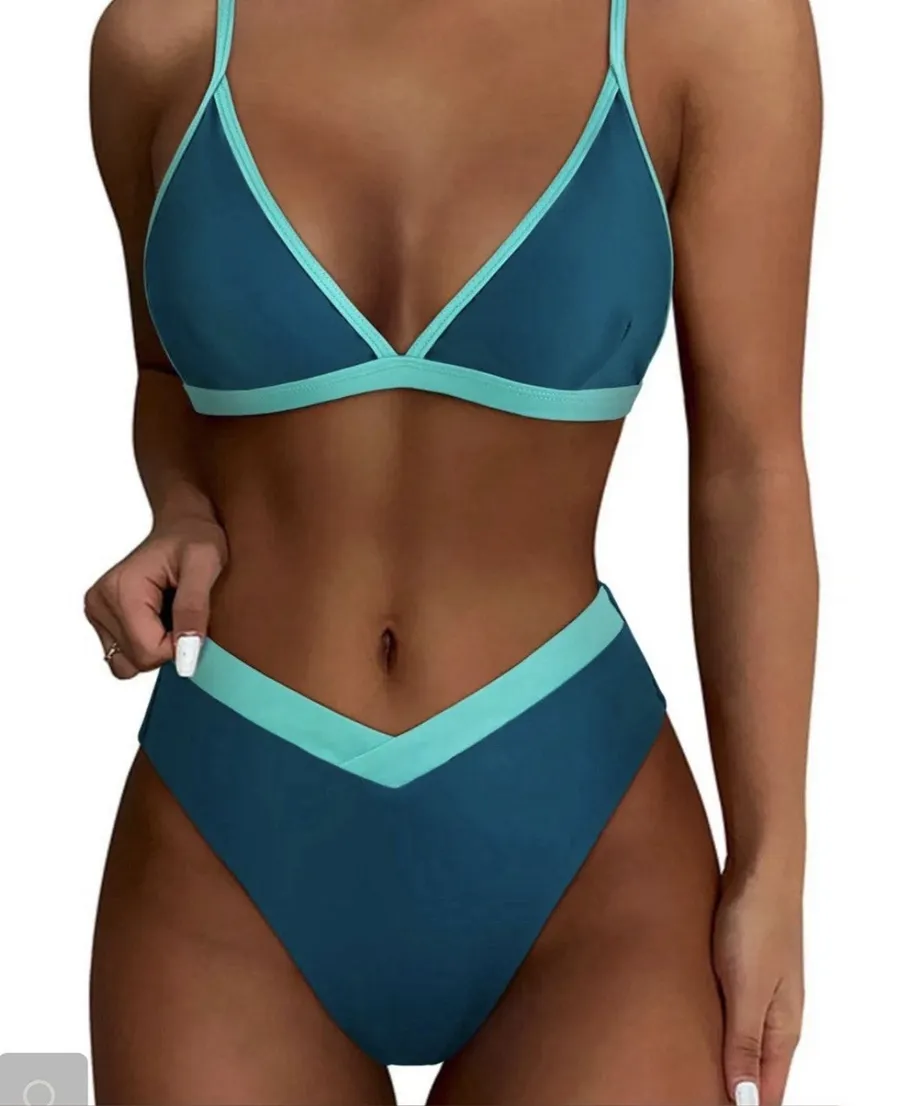 SUUKSESS Women Triangle High Cut Bikini Blue Green M Size M