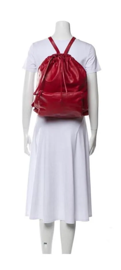 MM6 Maison Margiela Red Leather Drawstring Backpack Front Zip Pocket Bag