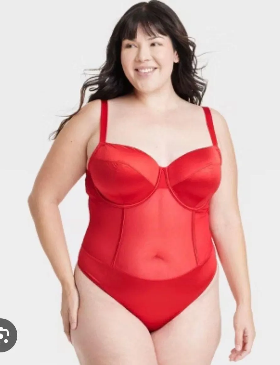 Auden Red Satin Mesh Keyhole Lingerie Bodysuit Underwire Thong Lined Cups